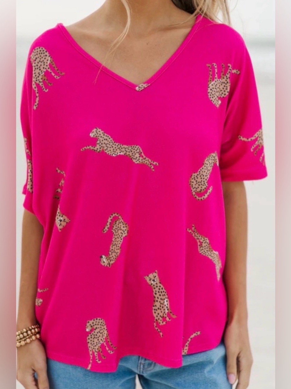 Entro Leopard Cheetah Jaguar Hot Pink Fuchsia V-Neck Top